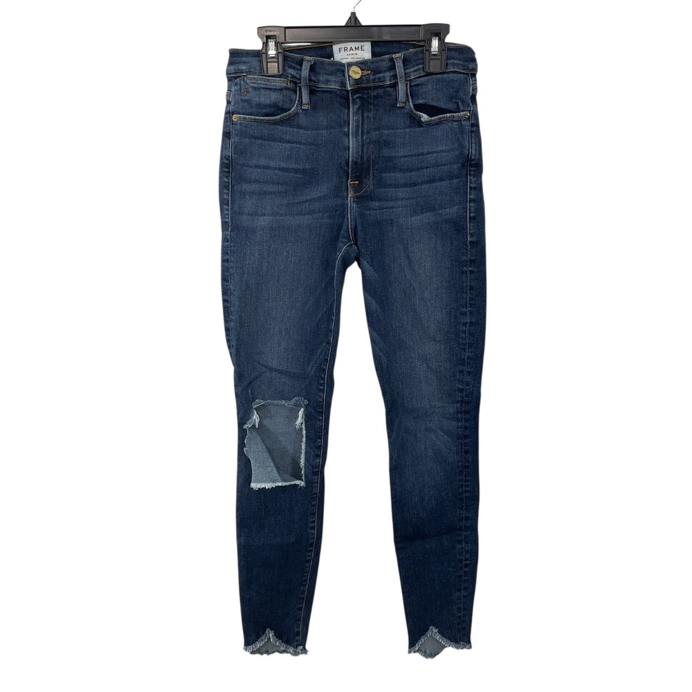 FRAME Le High Skinny Triangle Hem Jeans Size 27 Blue Raw Hem Distressed Knee